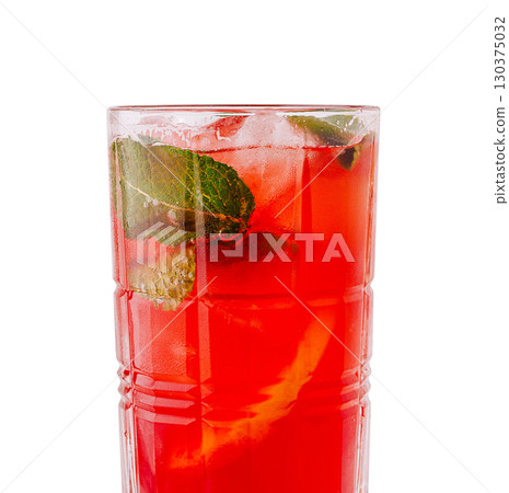 Refreshing red drink with mint and citrus in a tall glass Refreshing red drink with mint and citrus in a tall glass 130375032