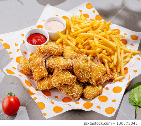 Crispy chicken nuggets and golden fries served with dipping sauces Crispy chicken nuggets and golden fries served with dipping sauces 130375043