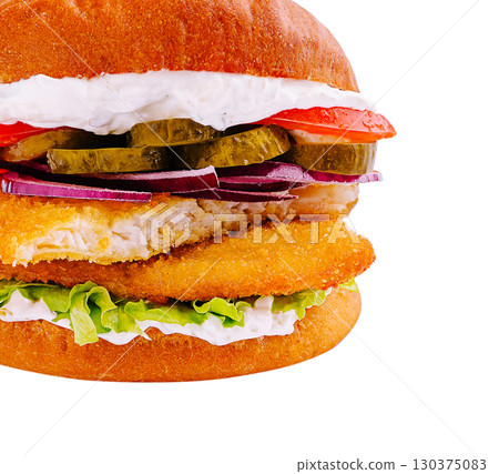 Delicious crispy chicken sandwich with fresh toppings and sauce 130375083