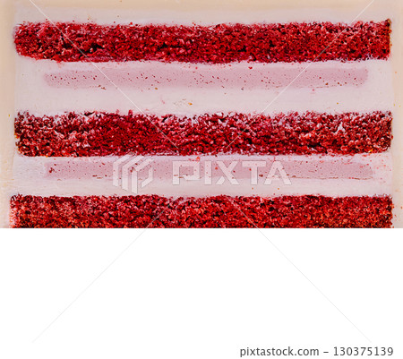 Layers of rich red velvet cake with cream cheese frosting displayed elegantly 130375139