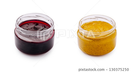 Glass jars with barbecue sauce and mustard sauce isolated on white background Glass jars with barbecue sauce and mustard sauce isolated on white background 130375250
