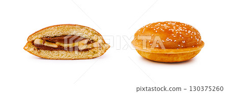 Delicious pastry with chocolate and banana filling on a clean backdrop Delicious pastry with chocolate and banana filling on a clean backdrop 130375260