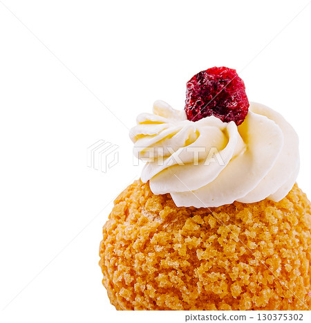 Delicious dessert ball topped with cream and cherry in elegant presentation Delicious dessert ball topped with cream and cherry in elegant presentation 130375302