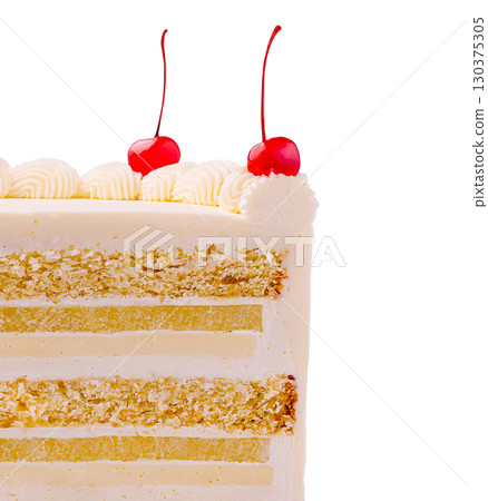 Delicious vanilla cake topped with cherries in a bright setting Delicious vanilla cake topped with cherries in a bright setting 130375305