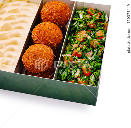 Delicious Middle Eastern platter with falafel, hummus, and tabbouleh Delicious Middle Eastern platter with falafel, hummus, and tabbouleh 130375449