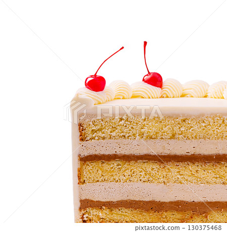 Delicious layered cake topped with cherries ready for celebration 130375468