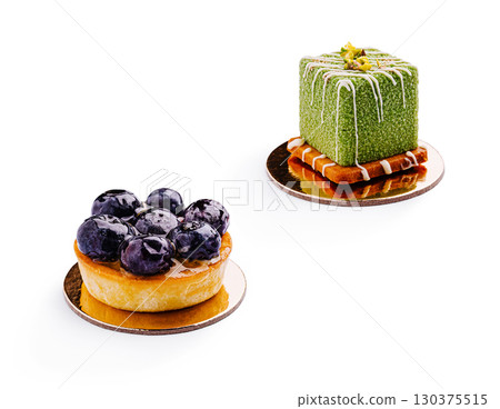 Delightful desserts featuring blueberries and matcha cake on a white background Delightful desserts featuring blueberries and matcha cake on a white background 130375515