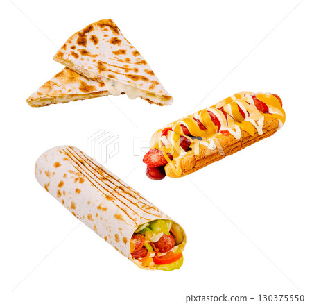 Delicious variety of street food featuring wraps and quesadillas 130375550