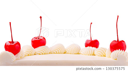 Delicious cake topped with cherries and whipped cream for celebration 130375575