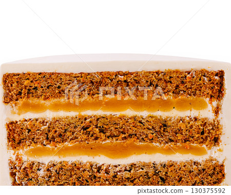 Delicious layered cake with caramel filling and frosting on a white plate Delicious layered cake with caramel filling and frosting on a white plate 130375592