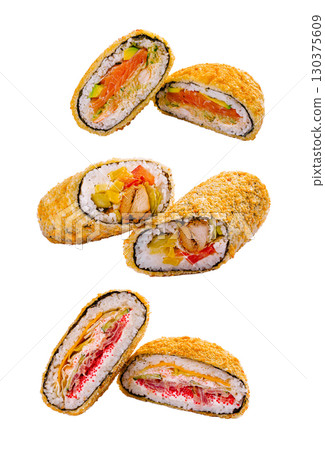 Unique sushi rolls presented in a creative arrangement for culinary delight Unique sushi rolls presented in a creative arrangement for culinary delight 130375609