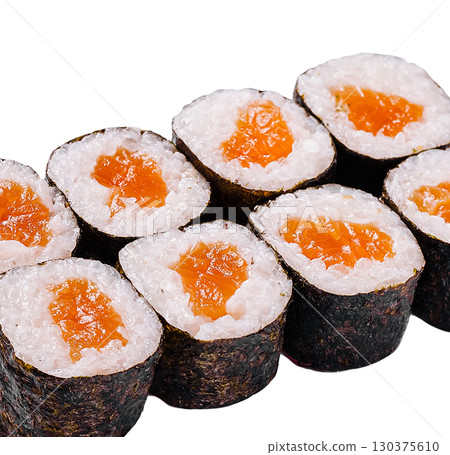 Delicious sushi rolls prepared with fresh salmon at a local restaurant Delicious sushi rolls prepared with fresh salmon at a local restaurant 130375610