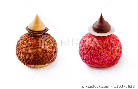 Delicious colorful pastry treats served on a white background Delicious colorful pastry treats served on a white background 130375628