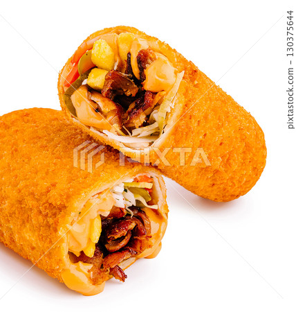 Delicious crispy rolls filled with savory ingredients on a clean background Delicious crispy rolls filled with savory ingredients on a clean background 130375644