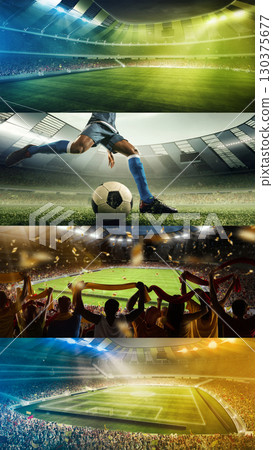 Soccer collage with illuminated 3D stadium, player dribbling, cheering crowd, and panoramic arena view Soccer collage with illuminated 3D stadium, player dribbling, cheering crowd, and panoramic arena view 130375677