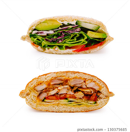 Tasty sandwich with fresh veggies and savory chicken in natural bread Tasty sandwich with fresh veggies and savory chicken in natural bread 130375685