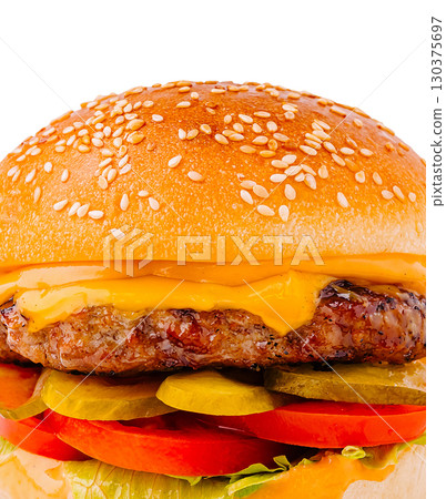 Juicy cheeseburger with fresh toppings and sesame seed bun ready to eat Juicy cheeseburger with fresh toppings and sesame seed bun ready to eat 130375697