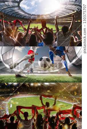 Soccer collage with cheering fans, dramatic kick close-up, and 3D stadium celebration atmosphere 130375707