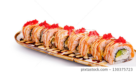 Sushi platter with fresh salmon, cream cheese, and garnish served elegantly Sushi platter with fresh salmon, cream cheese, and garnish served elegantly 130375723
