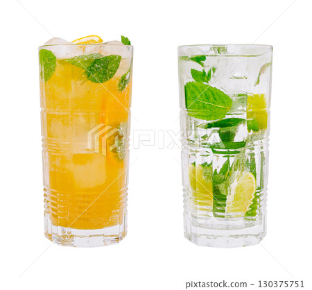 Refreshing summer beverages with mint and citrus in clear glasses Refreshing summer beverages with mint and citrus in clear glasses 130375751