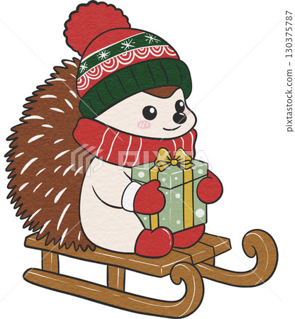 Christmas hedgehog on sled in joyful snowy holiday scene. 130375787