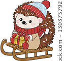 Christmas hedgehog on sled in joyful snowy holiday scene. 130375792