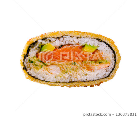 Sushi roll with salmon and avocado served on a white background Sushi roll with salmon and avocado served on a white background 130375831