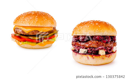 Tasty burger varieties featuring diverse flavors and textures 130375842