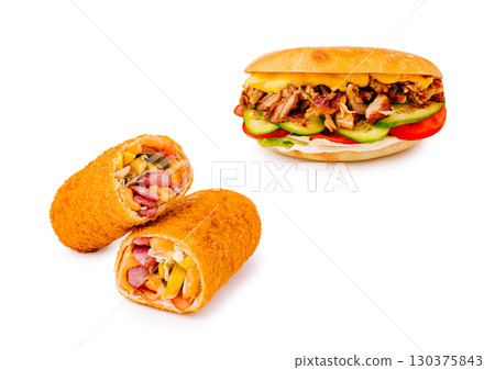 Delicious street food with fresh sandwiches and crispy rolls 130375843