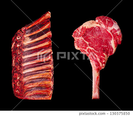 Freshly cut prime rib showcased with a T-bone steak on a dark background Freshly cut prime rib showcased with a T-bone steak on a dark background 130375850