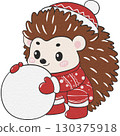 Christmas hedgehog enjoying snowball toss in seasonal setting. 130375918