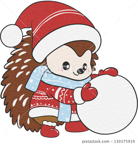 Christmas hedgehog enjoying snowball toss in seasonal setting. 130375919