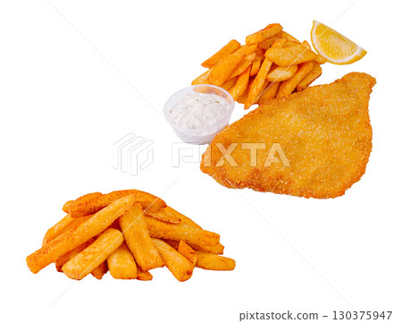 Crispy fish fillet with golden fries and tartar sauce on a plate Crispy fish fillet with golden fries and tartar sauce on a plate 130375947