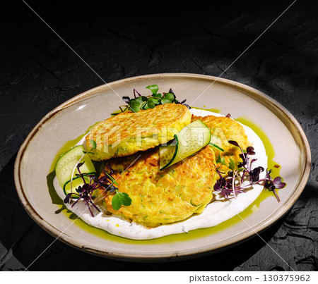 Savory pancakes served with cucumber and herbs in a chic style 130375962