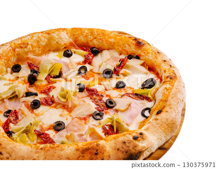 Delicious pizza topped with ham, artichokes, and black olives on wooden board Delicious pizza topped with ham, artichokes, and black olives on wooden board 130375971