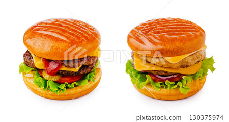 Tasty hamburgers featuring melted cheese, fresh vegetables, and sauces Tasty hamburgers featuring melted cheese, fresh vegetables, and sauces 130375974