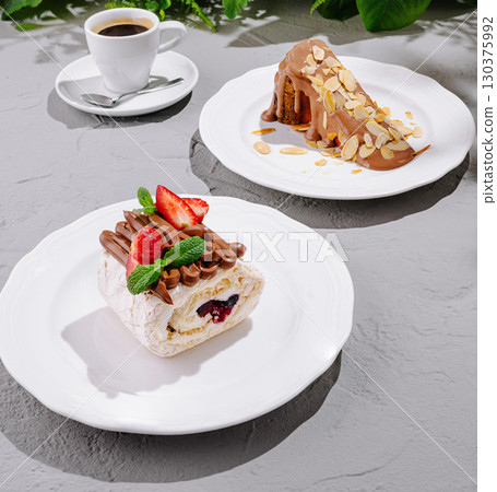 Dessert assortment with coffee served outdoors in a serene setting Dessert assortment with coffee served outdoors in a serene setting 130375992
