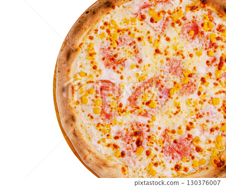 Delicious cheese pizza topped with fresh tomatoes and sweet corn Delicious cheese pizza topped with fresh tomatoes and sweet corn 130376007