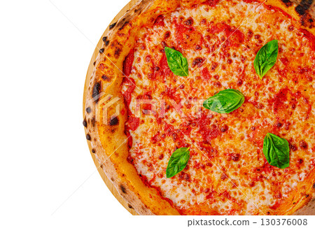 Freshly baked pizza topped with melted cheese and basil leaves Freshly baked pizza topped with melted cheese and basil leaves 130376008