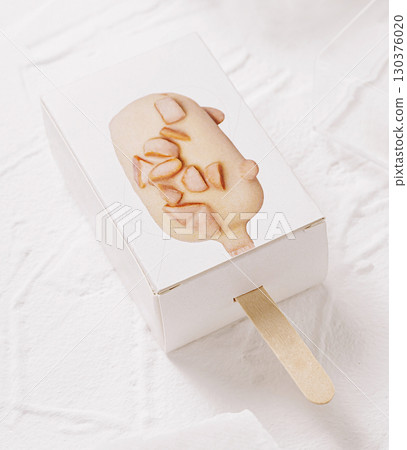 Creamy frozen dessert in a cute packaging with a wooden stick Creamy frozen dessert in a cute packaging with a wooden stick 130376020