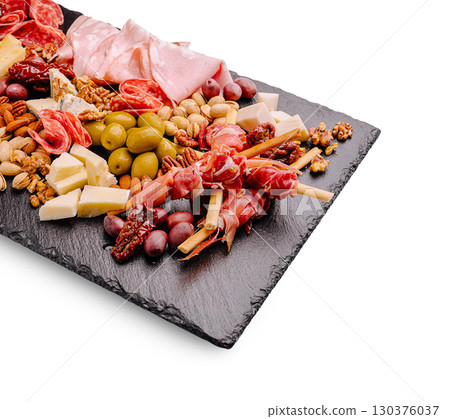 Delicious charcuterie board with assorted meats and cheeses at a gathering 130376037