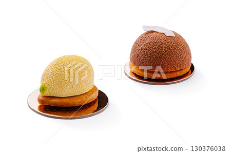 Unique dessert creations showcase vibrant flavors and textures at a bakery 130376038