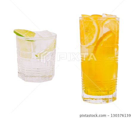 Refreshing summer drinks served in clear glasses with citrus fruits 130376139