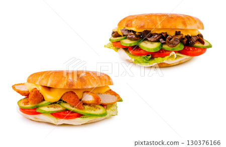 Delicious sandwiches with vegetables and fillings on a white background Delicious sandwiches with vegetables and fillings on a white background 130376166