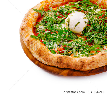 Delicious pizza topped with fresh arugula and creamy mozzarella Delicious pizza topped with fresh arugula and creamy mozzarella 130376263