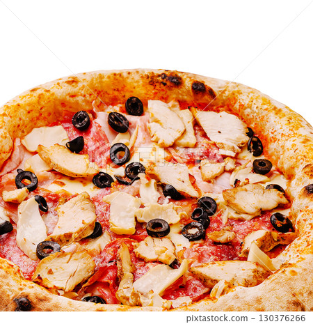 Delicious pizza topped with chicken, olives, and cheese for a tasty meal 130376266