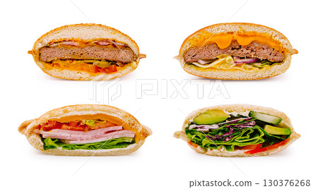 Different types of sandwich cut in half showcasing fillings and bread 130376268