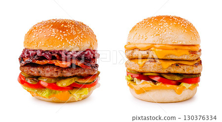 Delicious burgers featuring fresh ingredients in a light backdrop Delicious burgers featuring fresh ingredients in a light backdrop 130376334