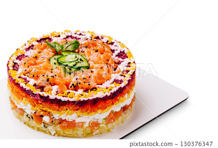 Layered salmon cake with colorful vegetables and cream cheese topping Layered salmon cake with colorful vegetables and cream cheese topping 130376347