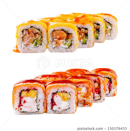 Delicious sushi rolls served on a white plate for a vibrant dining experience Delicious sushi rolls served on a white plate for a vibrant dining experience 130376433